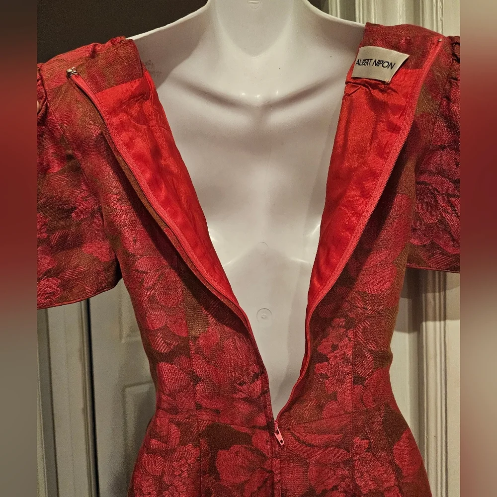 Vintage Albert Nipon Linen Brocade Dress Puffed Sleeves Floral Red